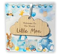 New Baby Boy Card With Wooden Hanging Cloud Keepsake - Newborn Baby Boy Gift Welcome To The World Little Man, Ideal for Parents (Blue)