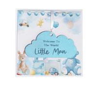 New Baby Boy Card With Wooden Hanging Cloud Keepsake - Newborn Boy Gift Welcome To The World Little Man, Ideal for new Parents & Baby Showers (blue) (Blue Little Man + Blue Cloud)
