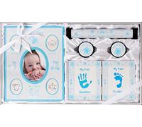 New Baby Boy Christening Gift 5 Piece Set First Frame Tooth Curl Handprint Footprint Kit White Blue