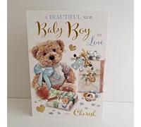 New Baby Boy Congratulations Card - Beautiful New Baby Boy to Love - Teddy Bear Design - Special Finishes and Illustrated Insert Leaf - Made in the UK