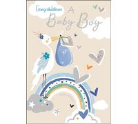 Jonny Javelin New Baby Boy Congratulations Card - Stork and Love Hearts Design - Special Finishes and Illustrated Insert Leaf - Made in the UK, 197 x 133mm, White, Blue, Silver