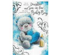 "New Baby Boy Congratulations Card - To a Special Daughter and Son-in-Law - Cute Teddy Bear with Blue Heart & Baby Bottle - Luxury Greeting Card for Birth of Son"