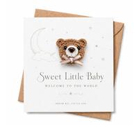 New Baby Card with Envelope, Crochet Teddy Bear, Moon and Stars Design, Square Welcome to the World Greeting for Baby Boy or Girl, New Parents, Baby Shower or First Visit, Neutral Keepsake