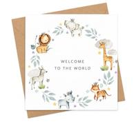 New Baby Card with Envelope, Welcome to the World Congratulations Card for New Parents, Gender-Neutral Safari Animal Design for Baby Boy or Girl, New Mum and Dad, Friends, Family or Colleague