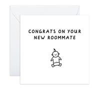 New Baby Congratulations Card - 'New Roommate' - Jokes for Brother, Sister, Friend, Bestie, Buddy, BFF, Neighbour, Colleague, Him, Her - Starting a Family - Comes with Fun Stickers