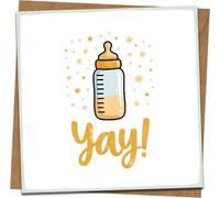 New Baby Congratulations Card - “Yay!” Bottle Design, Gender Neutral Baby Shower Greeting Card, 145mm x 145mm Square with Kraft Envelope