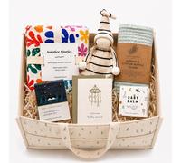 New Baby Gift Hamper with Organic Cotton Nappy Caddy - Luxury Baby Shower Gift Basket for New Parents - Neutral Newborn Baby Essentials (Linen Leaf)
