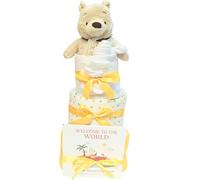 New Baby Gifts Welcome to The World Book Baby Gift Set, 3 Tier Nappy Cake Winnie The Pooh, 2 Muslins, 1 wash Cloth, Hat, Mitts, Booties, Disposable Nappies 9 Pieces