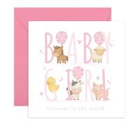 New Baby Girl Arrival Card - Hello Baby Girl with Cute Farm Animals - Welcome to the World Card for New Parents, Newborns, Granddaughter, Niece, Him, Family - Comes with Fun Stickers