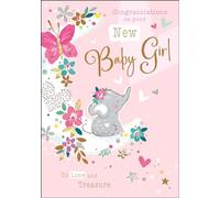 New Baby Girl Birth Congratulations Card - Elephant and Flowers - Special Finishes and Illustrated Insert Leaf - Made in the UK