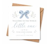 New Baby Girl Card with Envelope, Blue Crochet Bow and Botanical Design, Square 14 cm Welcome to the World Little One Congratulations Card for New Parents, Baby Shower or First Visit