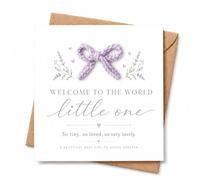 New Baby Girl Card with Envelope, Crochet Bow and Botanical Design, Square Welcome to the World Little One Congratulations Card for New Parents, Baby Shower or First Visit (lilac)