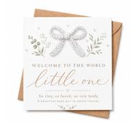 New Baby Girl Card with Envelope, White Crochet Bow and Botanical Design, Square 14 cm Welcome to the World Little One Congratulations Card for New Parents, Baby Shower or First Visit