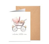 New Baby Girl Card With Pink Crib And Flower, Baby Girl Welcome To The World Card, New baby Shower, 12 * 18 Cm, Blank Inside & Envelope Included