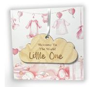 New Baby Girl Card With Wooden Hanging Cloud Keepsake - Baby Girl Gifts Newborn - Welcome To The World Little One, Ideal for New Parents, New Baby Card (Pink)