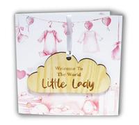 New Baby Girl Card With Wooden Hanging Cloud Keepsake - Baby Girl Gifts Newborn - Welcome To The World Little Lady, Ideal Present for new Parents (Pink)