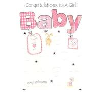 New Baby Girl Congratulations Card, Pink Gingham Design with Stars and Hearts, 13 x 19 cm, Baby Shower Greeting Card with Teddy Bear Theme