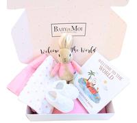 New Baby Girl Gift Box Flopsy Bunny Beatrix Potter 5 Piece Newborn Girl Gift Set Baby Booties, Flopsy Soft Toy, 2 Muslins Baby Shower Present Mum to Be Gift (Girl)