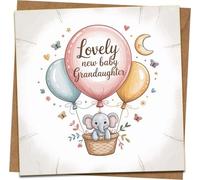 New Baby Granddaughter Greeting Card - Cute Elephant & Balloons Design, 145mm x 145mm, with Kraft Envelope