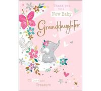 New Baby Granddaughter Thank You Card - Elephant and Flowers - Special Finishes and Illustrated Insert Leaf - Made in the UK