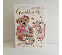 New Baby Granddaughter Thank You Card - Teddy Bear Design - Special Finishes and Illustrated Insert Leaf - Made in the UK