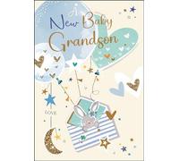 New Baby Grandson Congratulations Card - Bunny Rabbit and Balloons - Special Finishes and Illustrated Insert Leaf - Made in the UK