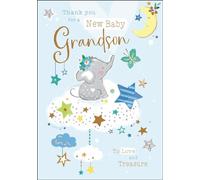New Baby Grandson Thank You Card - Elephant and Stars - Special Finishes and Illustrated Insert Leaf - Made in the UK