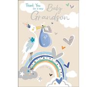 New Baby Grandson Thank You Card - Stork and Love Heart Design - Special Finishes and Illustrated Insert Leaf - Made in the UK