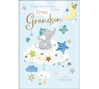 New Baby Great Grandson Congratulations Card - Great Grandson to Love and Treasure - Elephant and Stars - Special Finishes and Illustrated Insert Leaf - Made in the UK