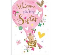 Jonny Javelin New Baby Sister Congratulations Card-Welcome Little Baby Sister-Teddy Bear and Hot Air Balloon-Special Finishes and Illustrated Insert Leaf-Made in the UK,Pink,Gold,White,197 x 133mm