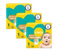 New Baby Size 1, 66 Newborn Nappies (3 Packs of 22) Premium Protection