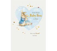 New Baby Son Greeting Card, Peter Rabbit Design, Blue Heart with Bunny Illustration
