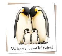 New Baby Twins Card - Congratulations Welcome to The World - Emperor Penguin Parents Congratulations Card