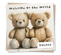 New Baby Twins Card - Welcome The World - Teddy Bear - Newborn