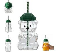 New Bear Straw Cup, Cute Bear Plastic Cups with Leak-Proof Lid and Straws, Teddy Bears Glass Cup, Clear Bear Cups Glass Mug for Coffee Beer Wine (Glass)