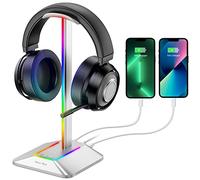New Bee Headphone Stand RGB Headset Holder with 1 USB-C Charging Port and 1 USB Charging Port, Headset Stand Gaming with 7 Light Modes Suitable for All Earphone Accessories (Silvery)
