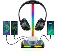 New Bee Headphone Stand RGB Headset Holder with Wireless Charger, Headset Stand Gaming Headphone Holder with 2*USB-C and 1*USB Charging Ports, 7 Light Modes and Non-Slip Rubber Base (Black)