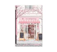 New Beginnings Cafe Canvas Poster Art Print Cherry Blossom Coffee Pink Flower Wall Art Decor For Kitchen Home Office