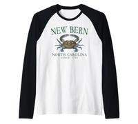 New Bern North Carolina Crab Town Since 1710 Green Letters Raglan Baseball Tee