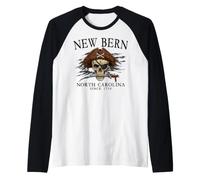 New Bern North Carolina Pirate Skull Since 1710 Black Raglan Baseball Tee
