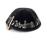 New Black Velvet Embroidered Jerusalem City Walls Kippah Yarmulke Israel Judaica 18 cm