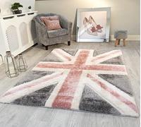 NEW BLUSH PINK GREY CREAM UNION JACK FLAG DESIGN LUXURIOUS THICK PILE RUG MODERN SOFT SILKY CONTEMPORARY SHAGGY RUGS MATS UK (150x210cm)