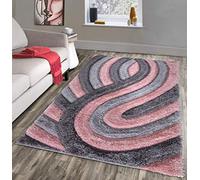 NEW BLUSH ROSE PINK GREY SILVER SILKY SOFT SHAG PILE RUG SWIRL DESIGN CONTEMPORARY SHAGGY MAT (150X210CM)