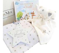 New Born Baby Gift Set, Unisex Gift for New Parents, 4 Piece Welcome to The World Book, Soft Baby Toy Elephant Comforter, 100% Cotton Muslin, Nursery Plaque Keepsake Box