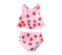 New Born Baby Girls 2pcs Swimsuits Swimming Costume Sleeveless Red Strawberry Ruffled Top High Waist Bikini Bottom Swimwear 3-4Y