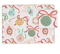 New Bow Bauble Set of 4 Placemats & Coaster Set, Designed for Christmas Tablescaping, Each is Non- Slip and Heat Resistant to 90 Degrees With A Cork Base and Wipe Clean Surface.