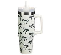 New Bow Print Drinking Tumbler 1.18L - Double Wall Insulated Cup with Handle & Straw, Large Reusable Water Bottle for Hot & Cold Drinks, Stylish Travel Mug A-51