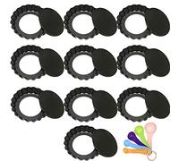 New Brand 10 pcs 4 inch Mini Quiche Tart Tins Round Individual Pie Dish for Baking Pans with Removable Loose Bottom Base Non Stick Fluted Kitchen Bakeware Trays Pastry Flan Dishes Black