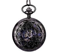 New Brand Mall Retro mechanical Pocket Watch Skeleton Hand-wind engraved Metal blue black