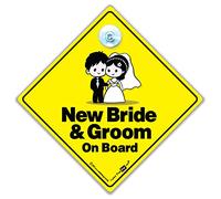 New BRIDE and GROOM on Board Car Sign, Just Married Suction Cup Car Sign, Baby On Board Sign Style For Newly Weds in Yellow And Black 14cm x 14cm
